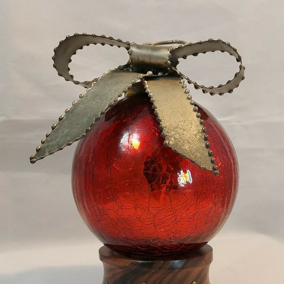 Mercury Glass Kugel Red Crackle Lg 4” Diameter Christmas Ornament Metal Bow Cap - Picture 2 of 7